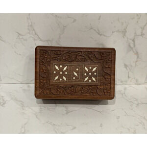 Vintage Wooden Hand Carved Inlay Sheesham Trinket Jewelry Lined Hinged Box